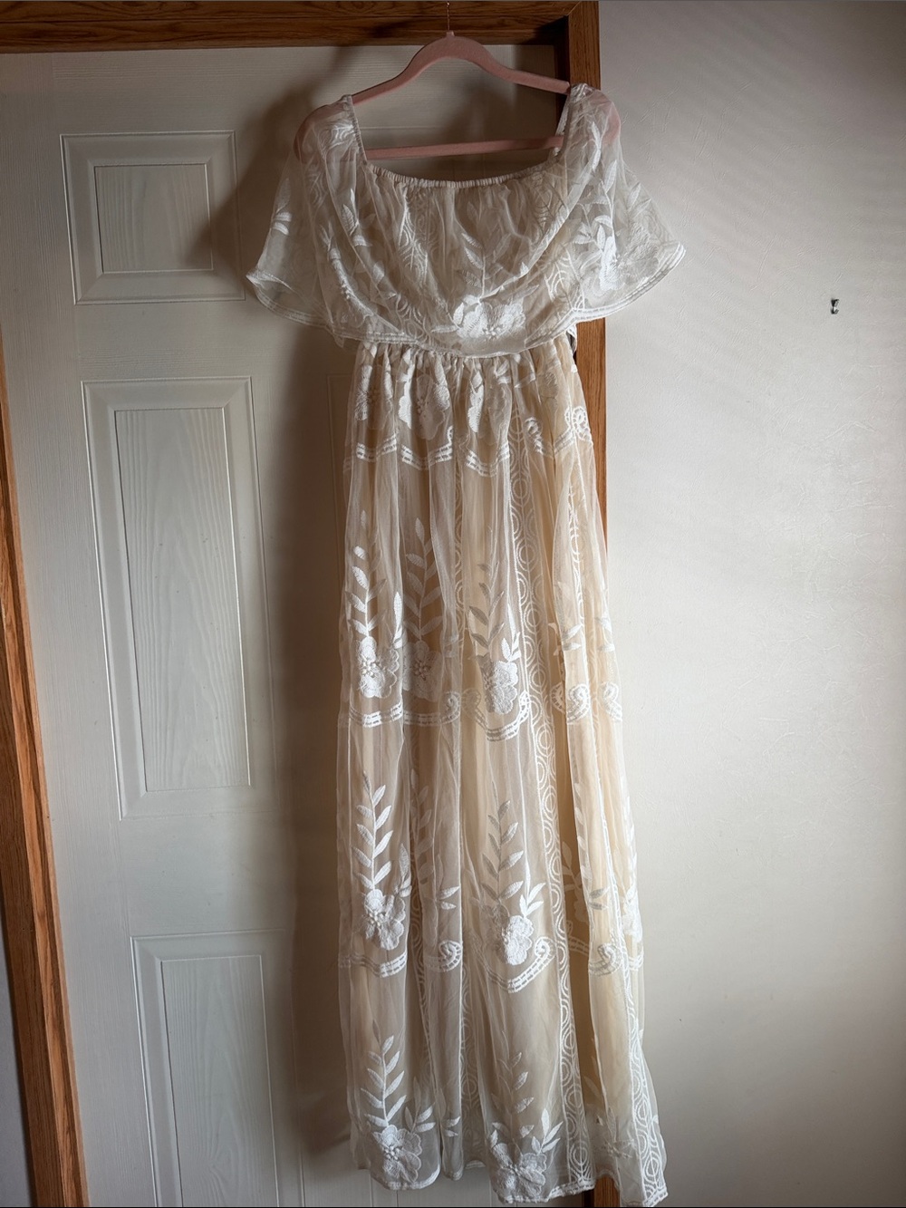 Baltic Born Ivory and Beige Off-Shoulder Embroidered Maxi Dress